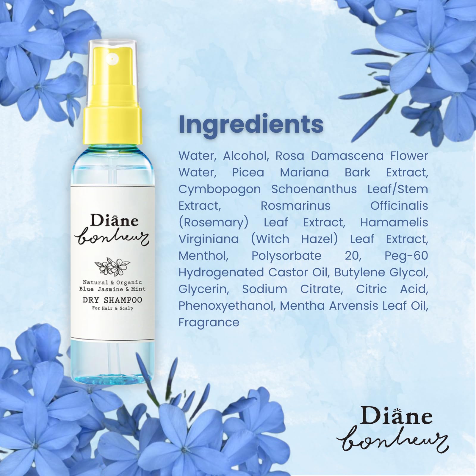 Diane Bonheur Natural Wet Dry Shampoo – Rosemary & Rose Water, Blue Jasmine & Mint; 4.06 oz (2EA)