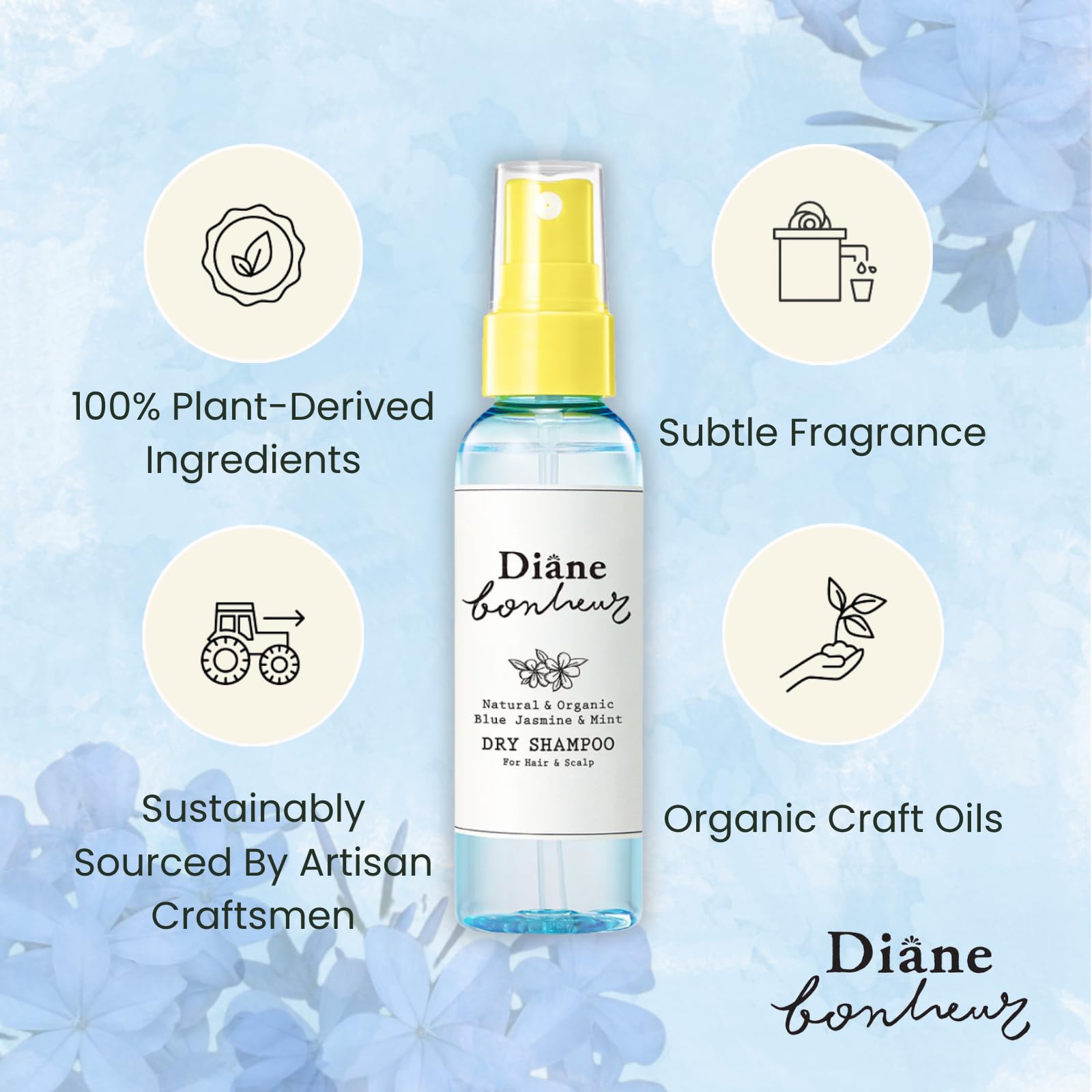 Diane Bonheur Natural Wet Dry Shampoo – Rosemary & Rose Water, Blue Jasmine & Mint; 4.06 oz (2EA)