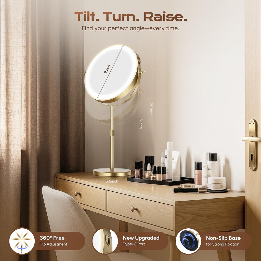 Dienmern Lighted Makeup Mirror – 9-Inch Dual-Sided, 1x/20x, 3-Color LEDs, 5000mAh