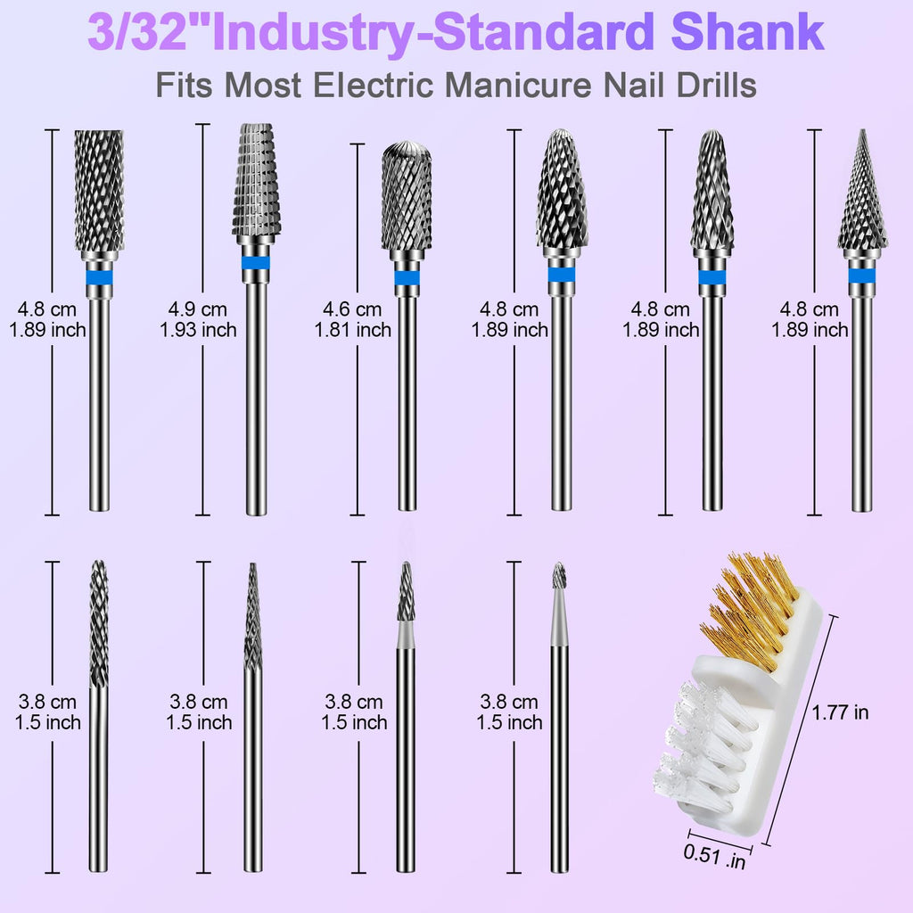 Diesisa 10Pcs Nail Drill Bits Set Tungsten Carbide Cuticle Bits 3-32 Inch Shank