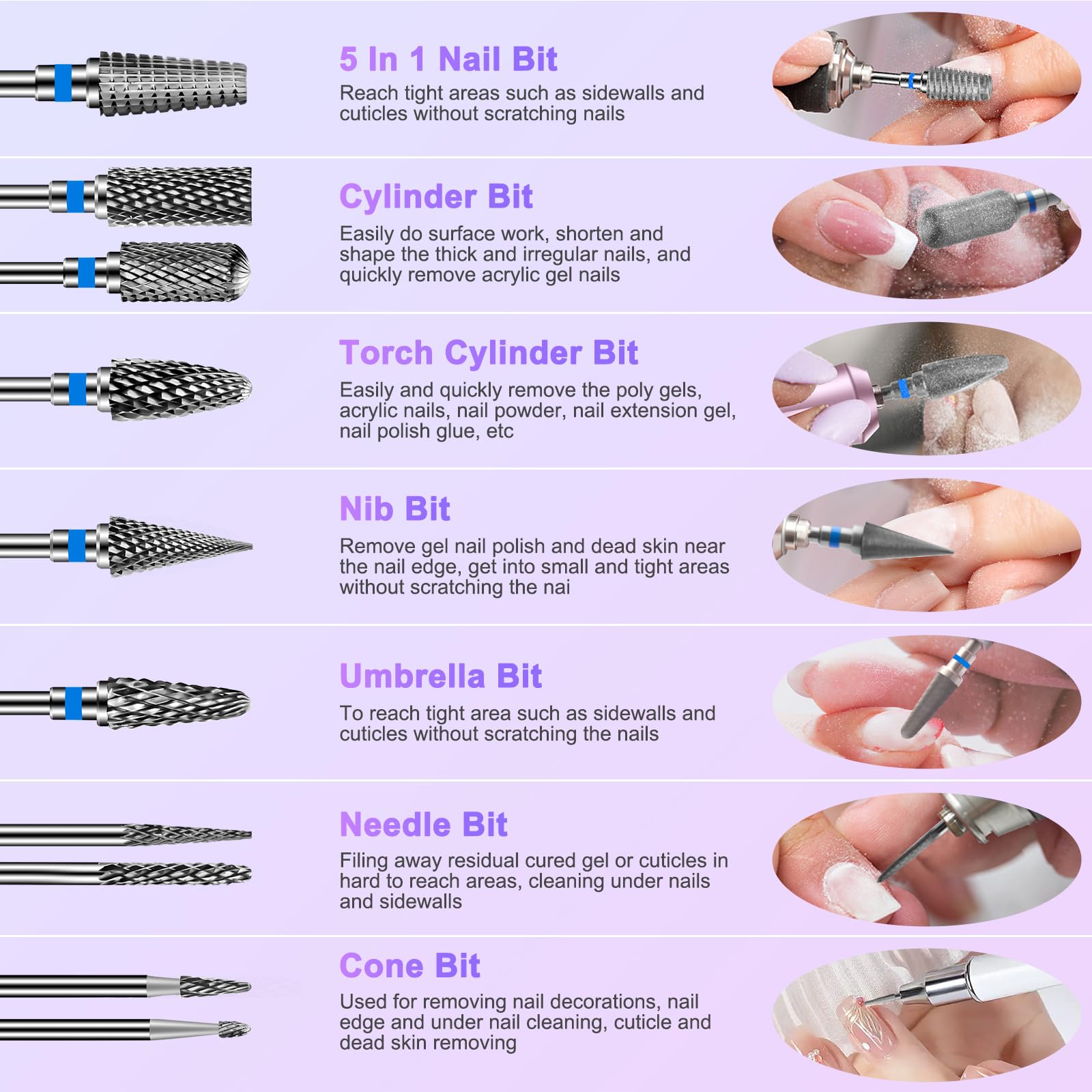Diesisa 10Pcs Nail Drill Bits Set Tungsten Carbide Cuticle Bits 3-32 Inch Shank