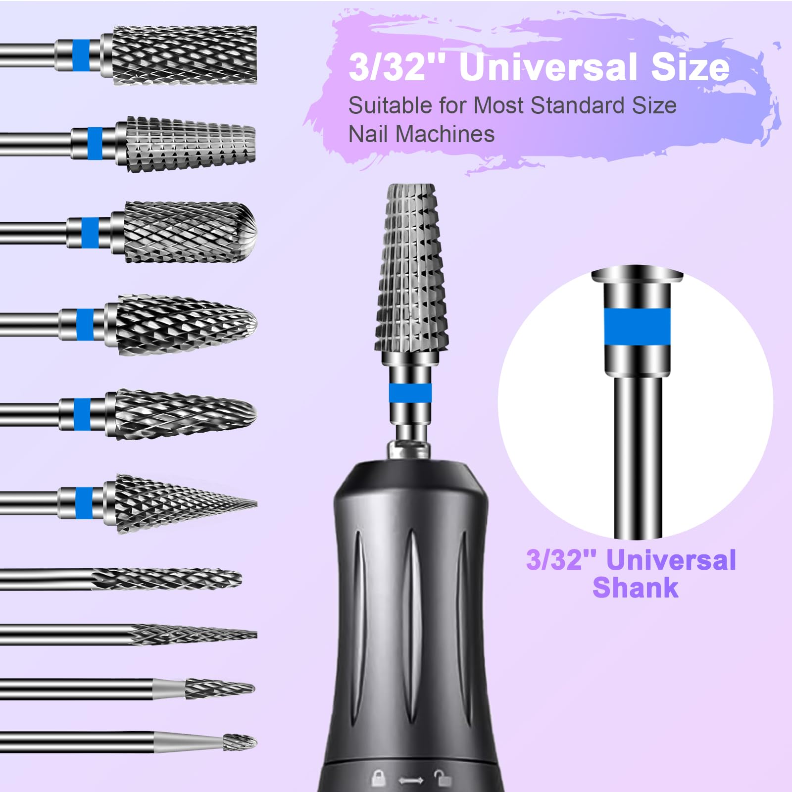Diesisa 10Pcs Nail Drill Bits Set Tungsten Carbide Cuticle Bits 3-32 Inch Shank