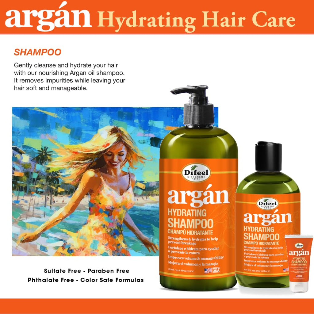 Difeel Argan Hydrating Shampoo 33.8 oz | Sulfate-Free Argan Oil Shampoo