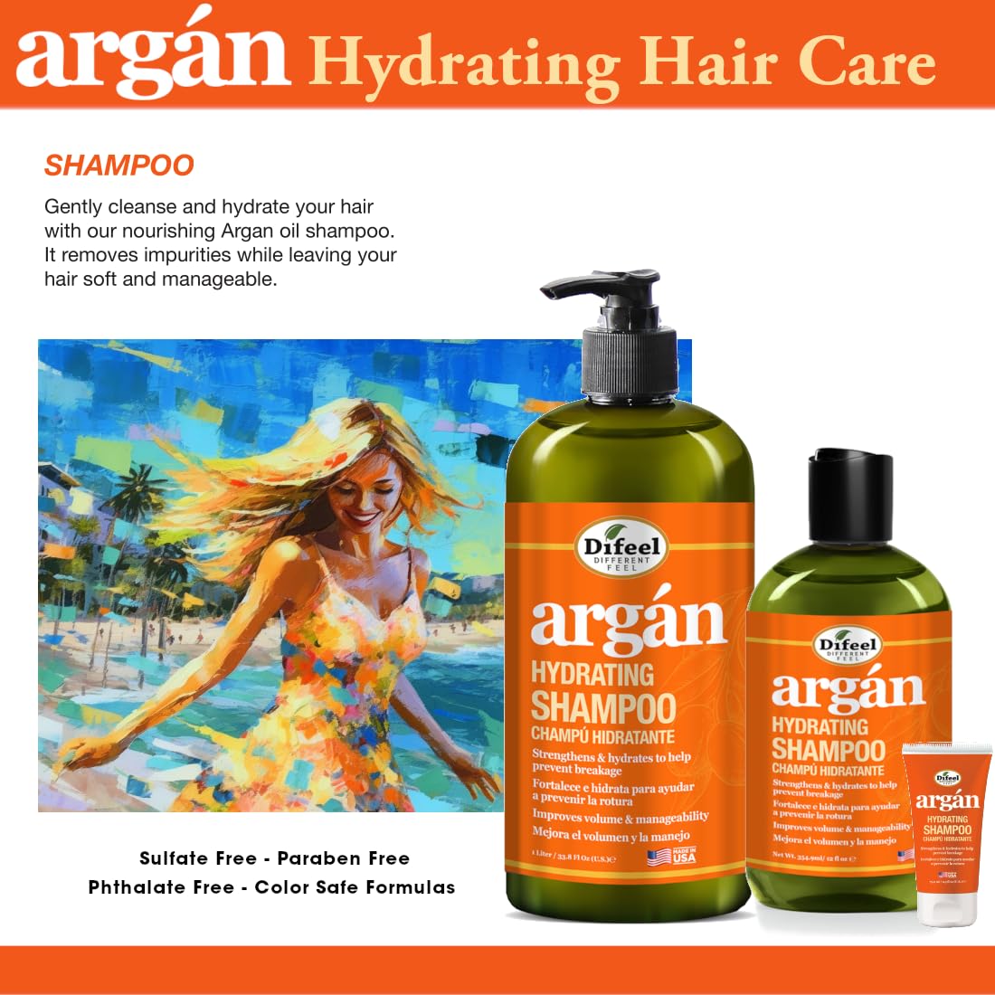 Difeel Argan Hydrating Shampoo 33.8 oz | Sulfate-Free Argan Oil Shampoo