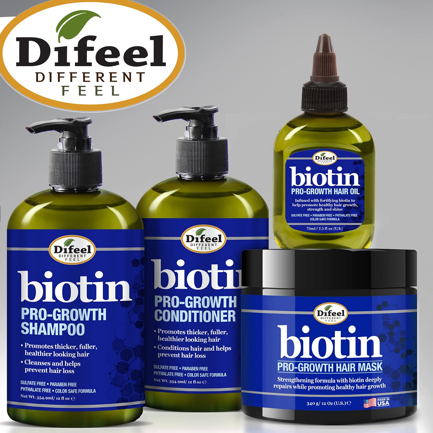 Difeel Biotin Pro-Growth 4-Piece Hair Care Gift Set | Shampoo, Conditioner, Hair Oil, Hair Mask