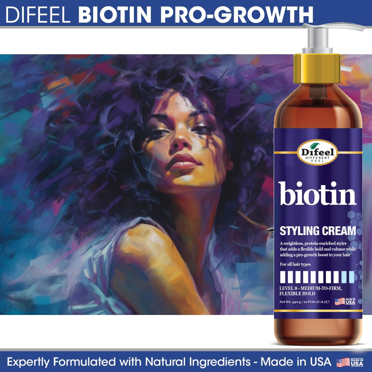 Difeel Biotin Styling Cream 12oz – Level 8 Flexible Hold for All Hair Types