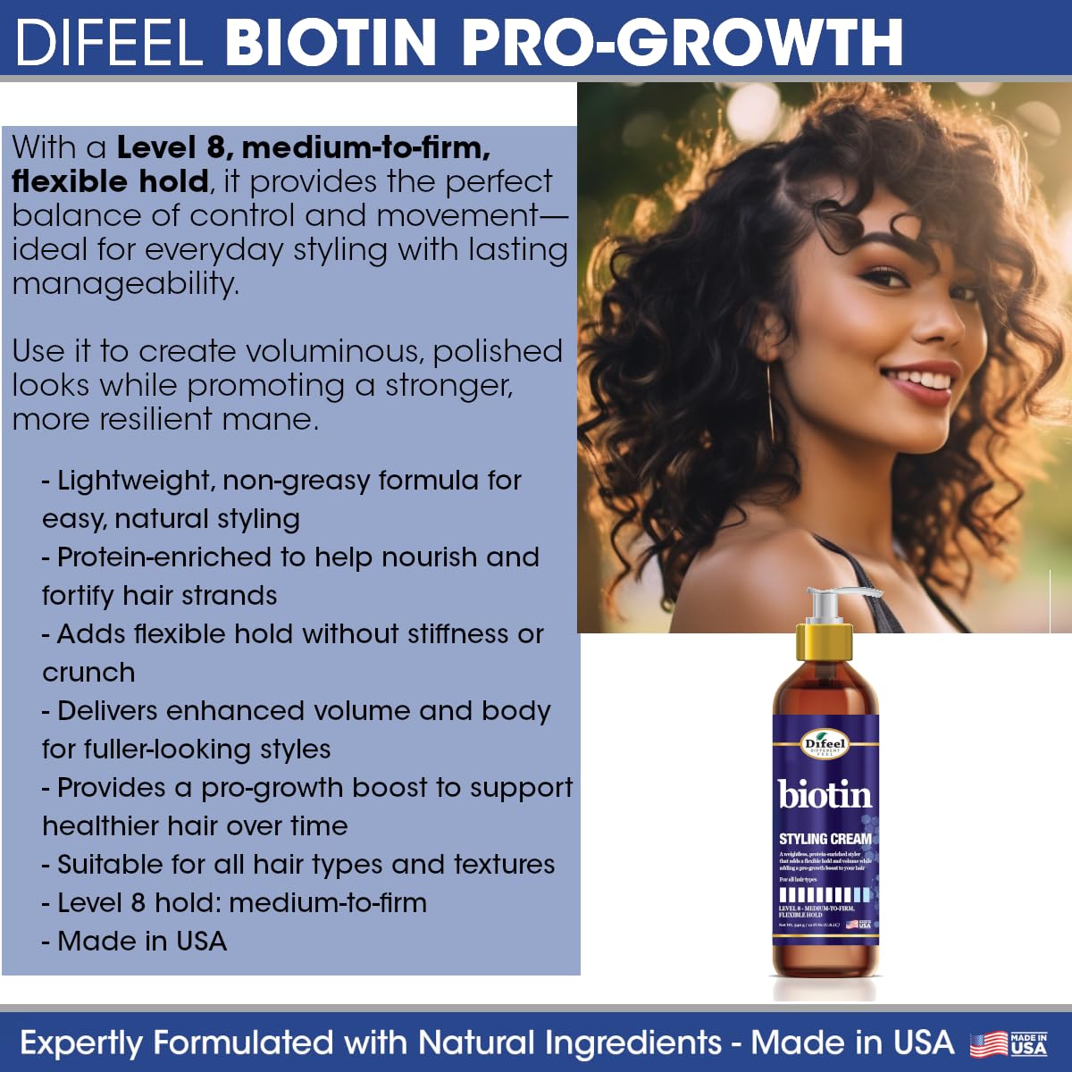 Difeel Biotin Styling Cream 12oz – Level 8 Flexible Hold for All Hair Types