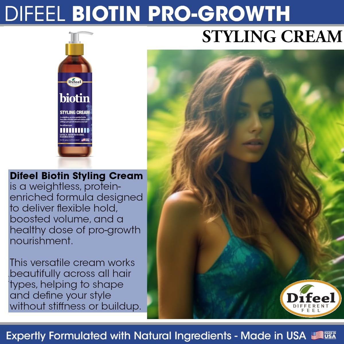 Difeel Biotin Styling Cream 12oz – Level 8 Flexible Hold for All Hair Types