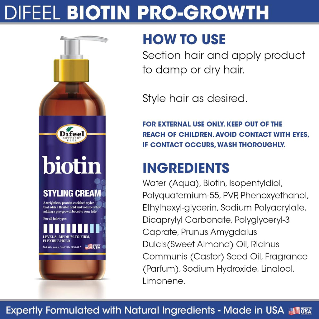 Difeel Biotin Styling Cream 12oz – Level 8 Flexible Hold for All Hair Types