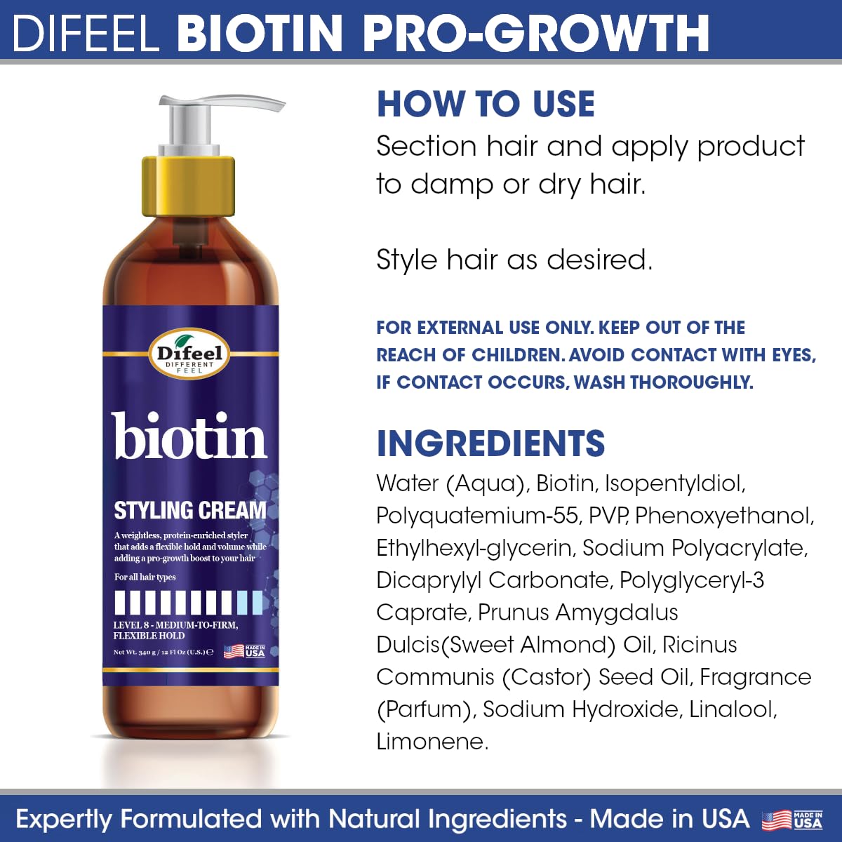 Difeel Biotin Styling Cream 12oz – Level 8 Flexible Hold for All Hair Types