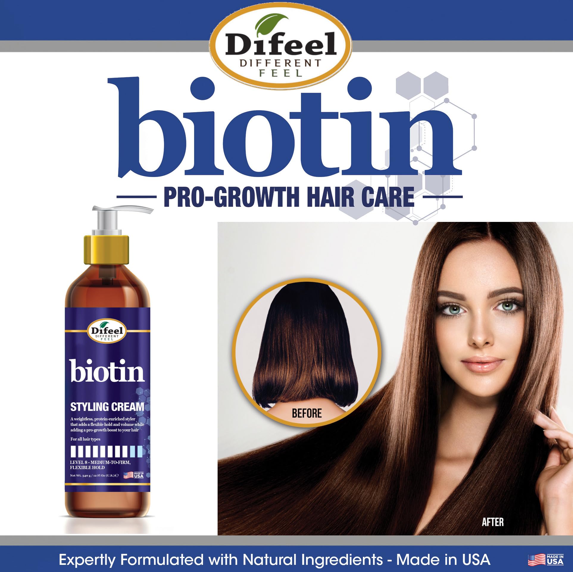 Difeel Biotin Styling Cream 12oz – Level 8 Flexible Hold for All Hair Types