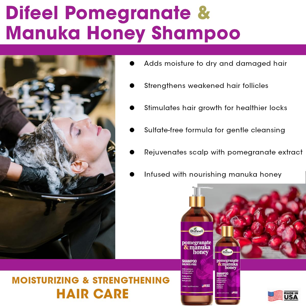 Difeel Pomegranate & Manuka Honey Shampoo 33.8 oz – Sulfate-Free, Strengthens & Moisturizes Damaged Hair