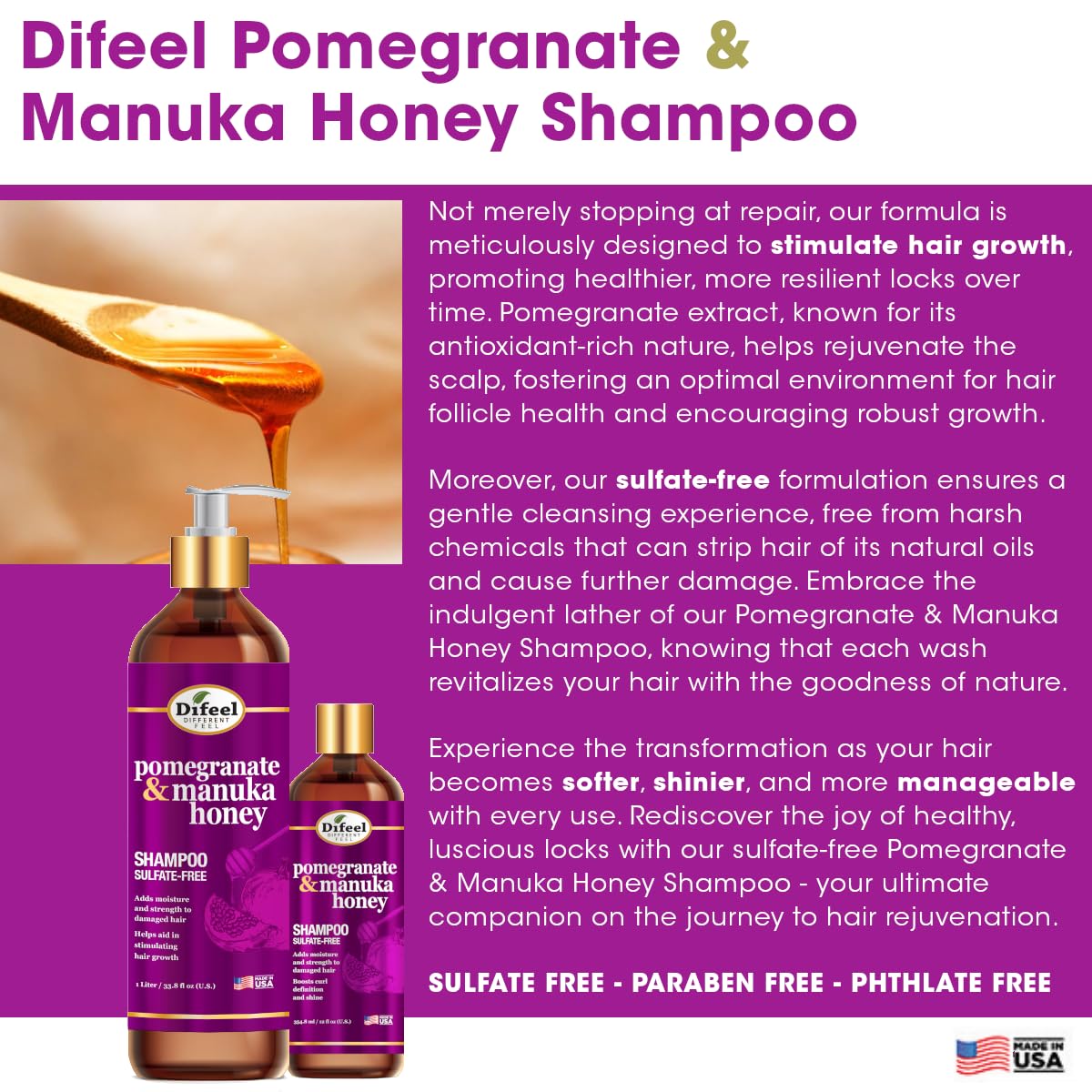 Difeel Pomegranate & Manuka Honey Shampoo 33.8 oz – Sulfate-Free, Strengthens & Moisturizes Damaged Hair