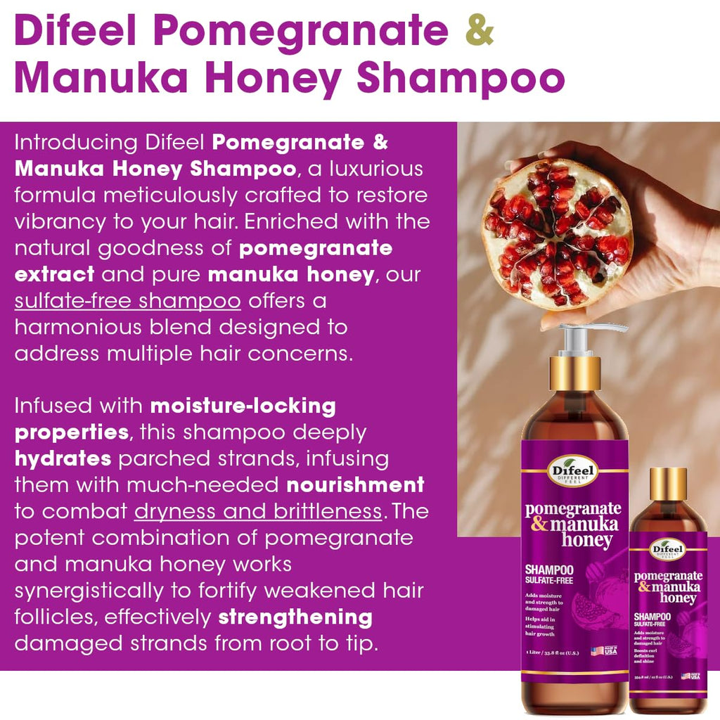 Difeel Pomegranate & Manuka Honey Shampoo 33.8 oz – Sulfate-Free, Strengthens & Moisturizes Damaged Hair