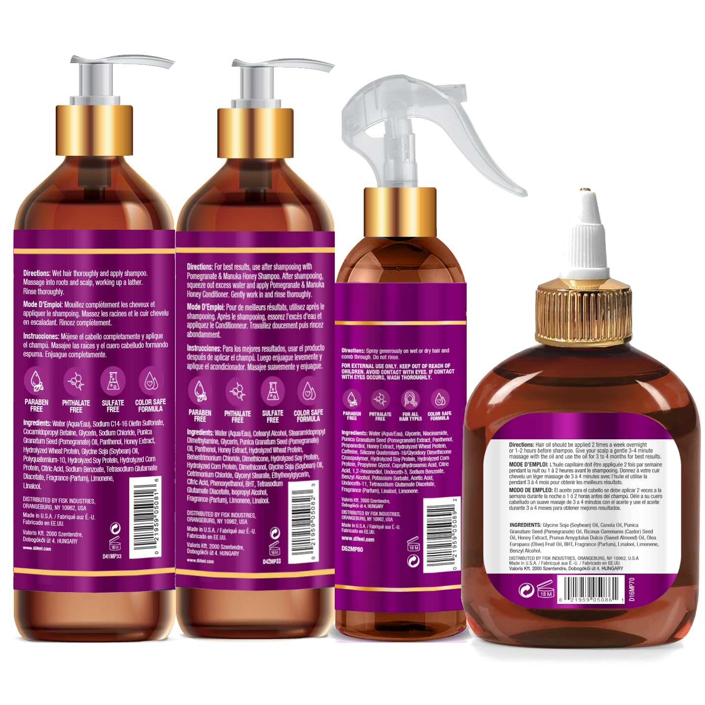 Difeel Pomegranate & Manuka Honey 4-Piece Hair Care Set – Shampoo, Conditioner, Leave-In Spray & Hair Oil