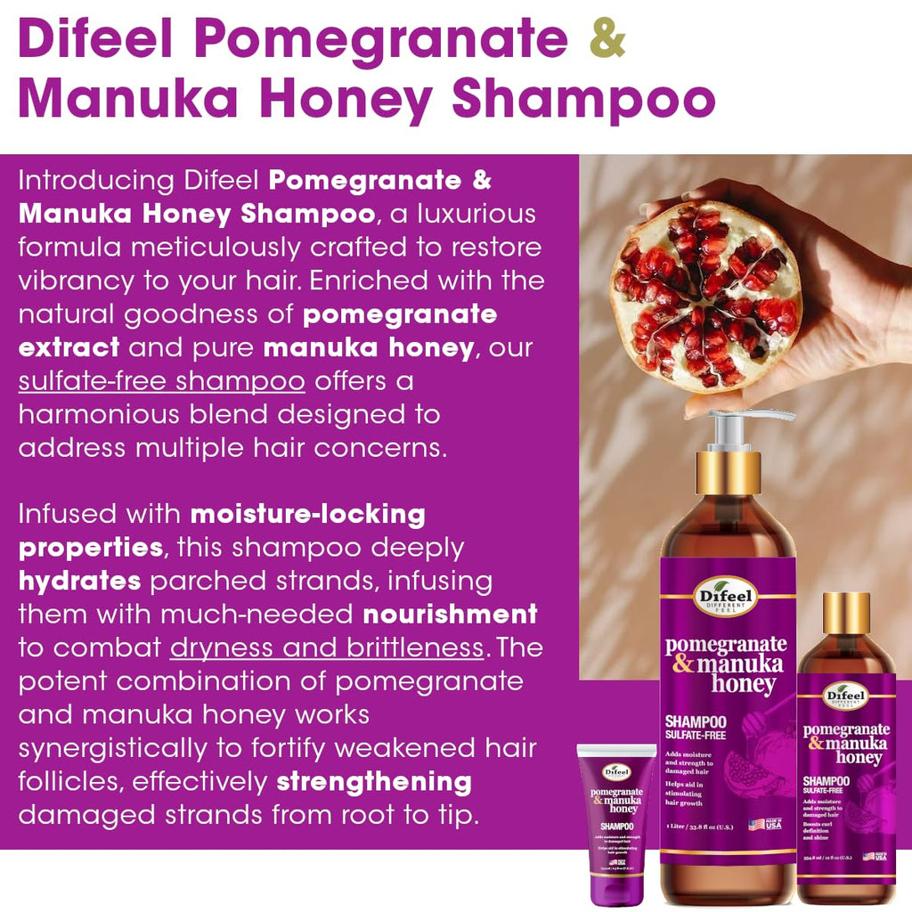 Difeel Pomegranate & Manuka Honey 4-Piece Hair Care Set – Shampoo, Conditioner, Leave-In Spray & Hair Oil