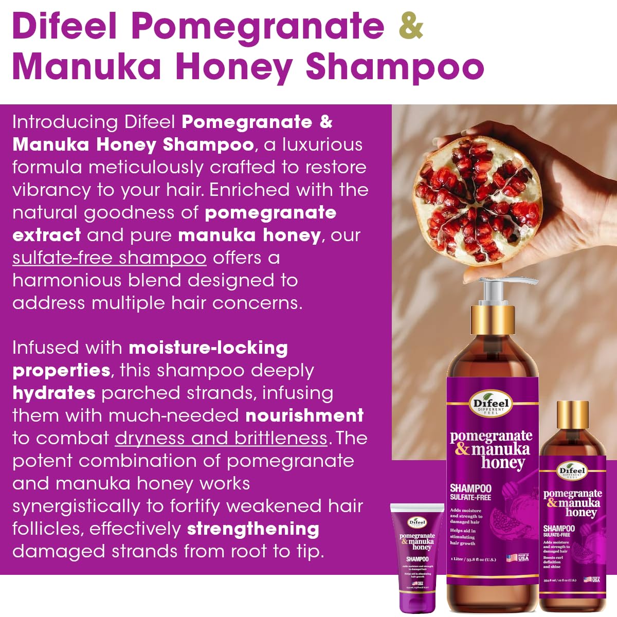 Difeel Pomegranate & Manuka Honey 4-Piece Hair Care Set – Shampoo, Conditioner, Leave-In Spray & Hair Oil