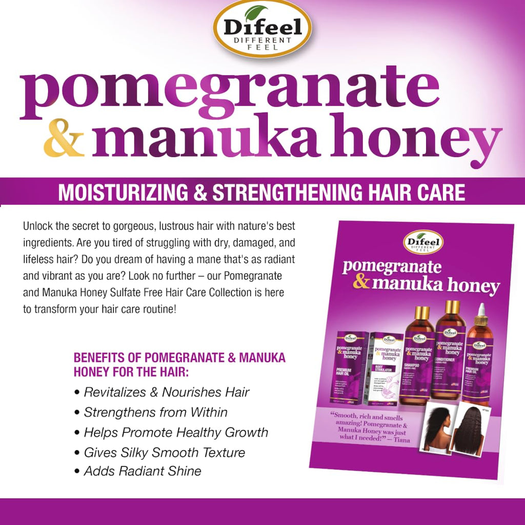 Difeel Pomegranate & Manuka Honey 4-Piece Hair Care Set – Shampoo, Conditioner, Leave-In Spray & Hair Oil