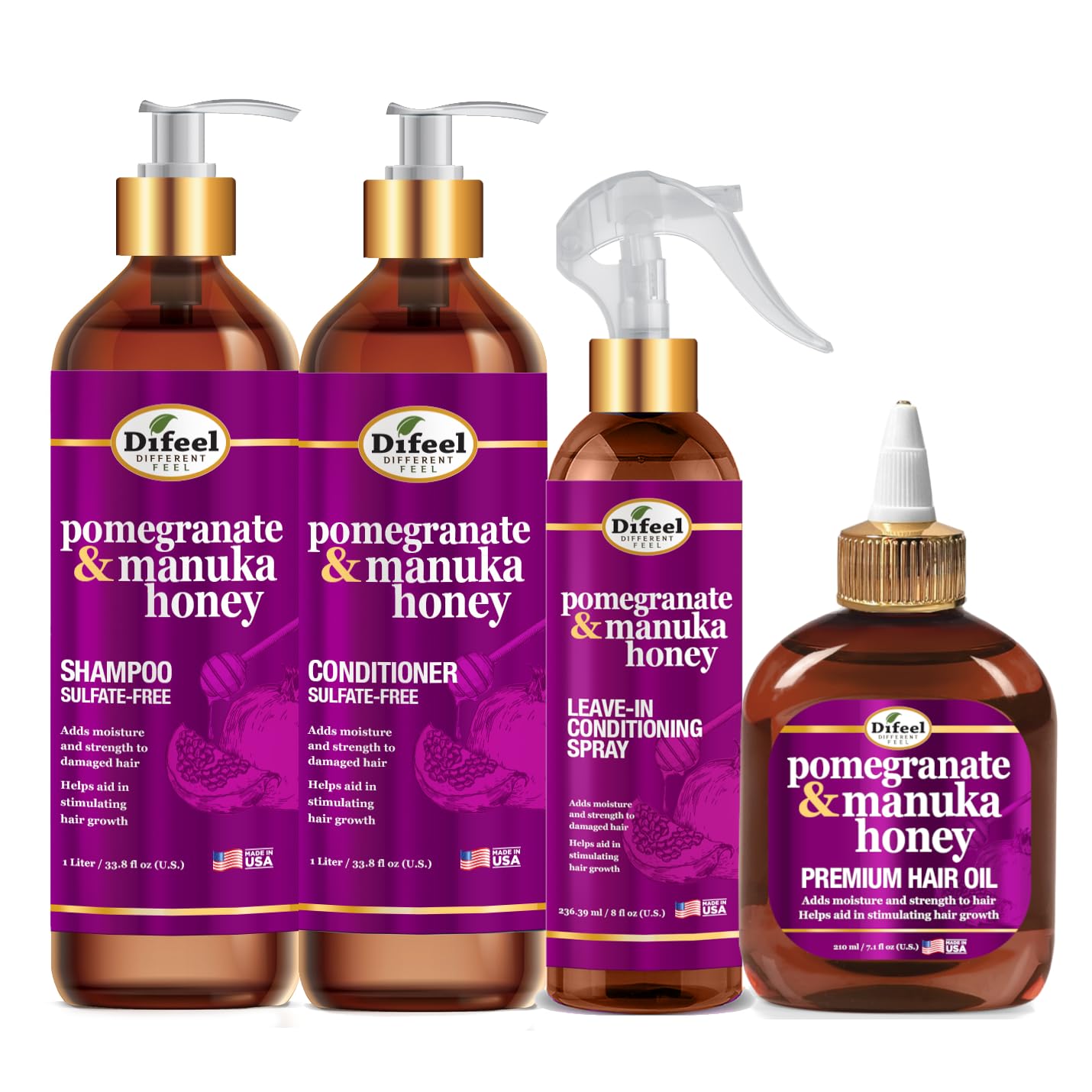 Difeel Pomegranate & Manuka Honey 4-Piece Hair Care Set – Shampoo, Conditioner, Leave-In Spray & Hair Oil