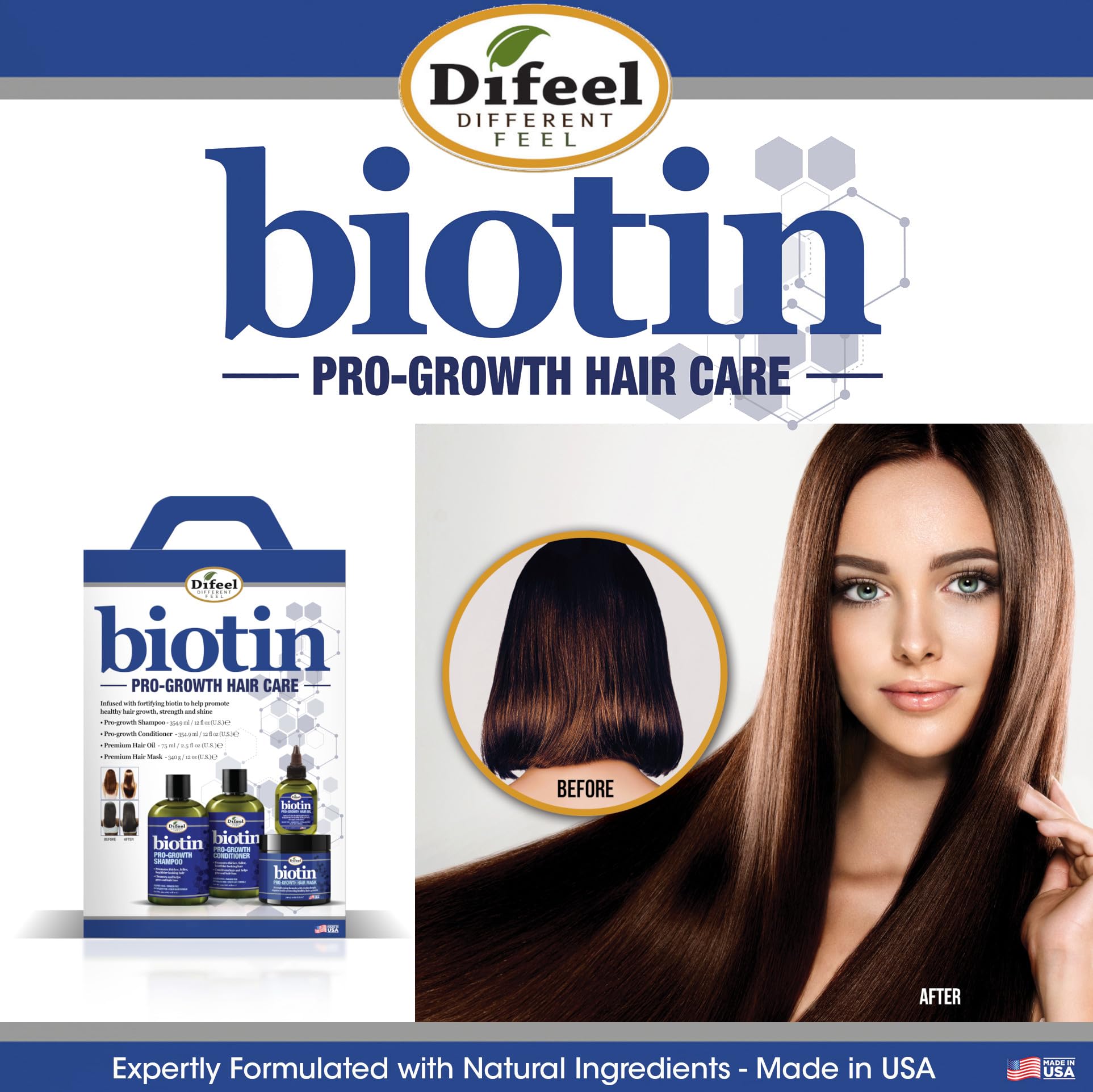 Difeel Pro-Growth Biotin Shampoo 4-Pc Set – Shampoo, Leave-In, Hair Mask & Hair Oil