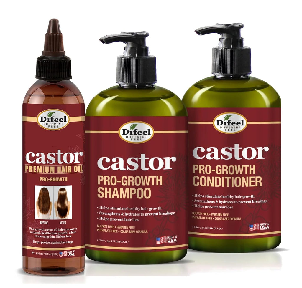 Difeel Pro-Growth Hair Care Set with Castor Oil – 3-Piece Shampoo, Conditioner & Hair Oil (Made in USA)