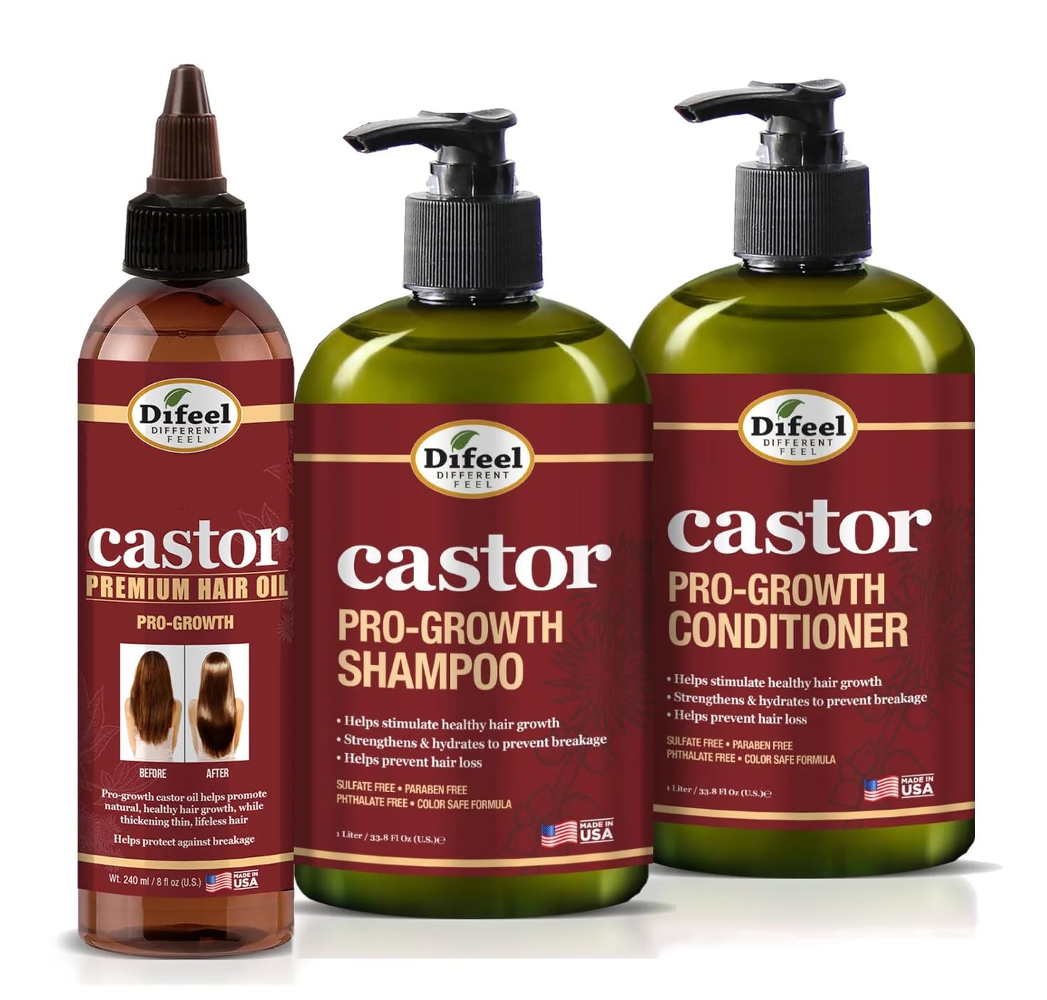 Difeel Pro-Growth Hair Care Set with Castor Oil – 3-Piece Shampoo, Conditioner & Hair Oil (Made in USA)