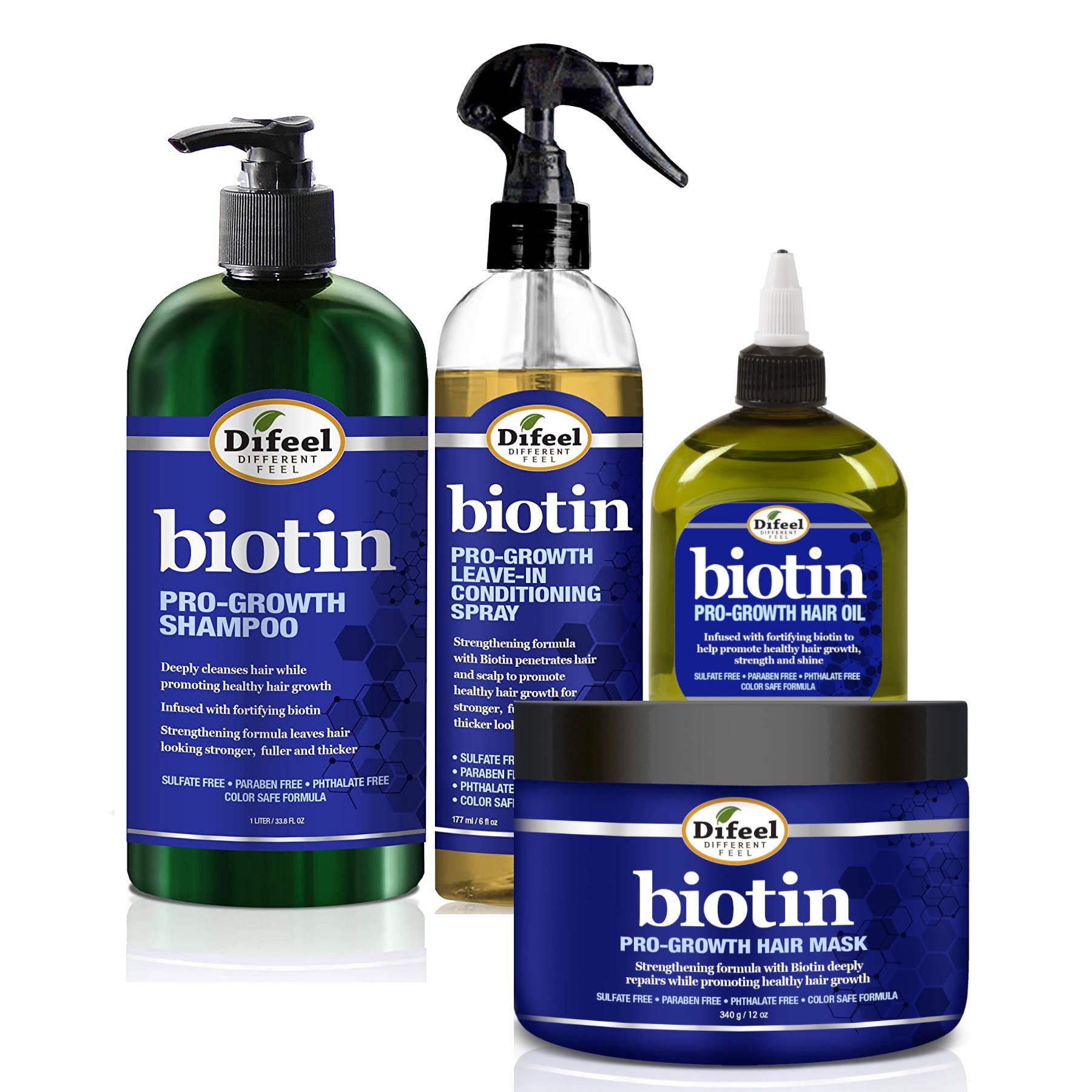 Difeel Pro-Growth Biotin Shampoo 4-Pc Set – Shampoo, Leave-In, Hair Mask & Hair Oil