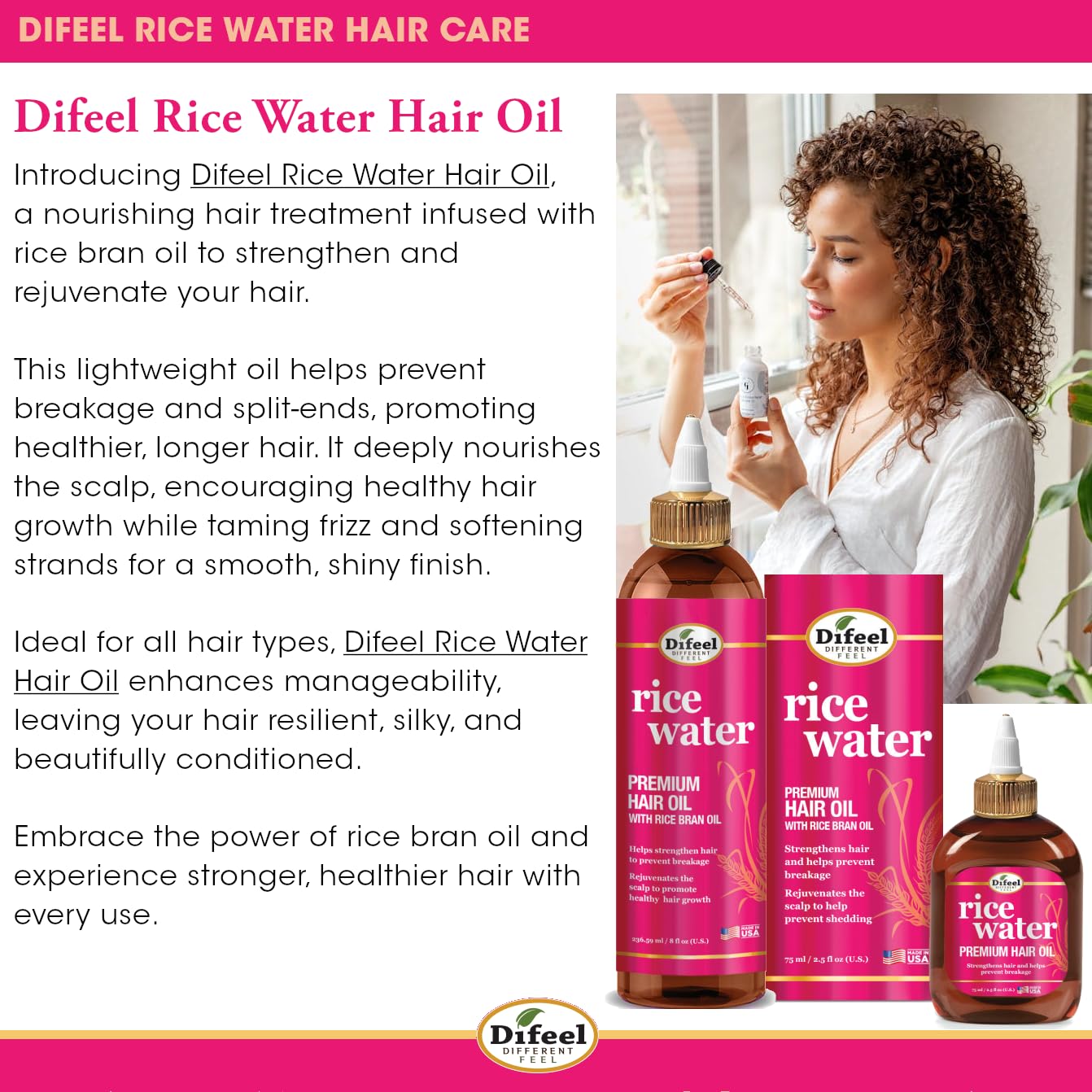 Difeel Rice Water Hair Oil 8 oz – Strengthening Moisturizer for Hair