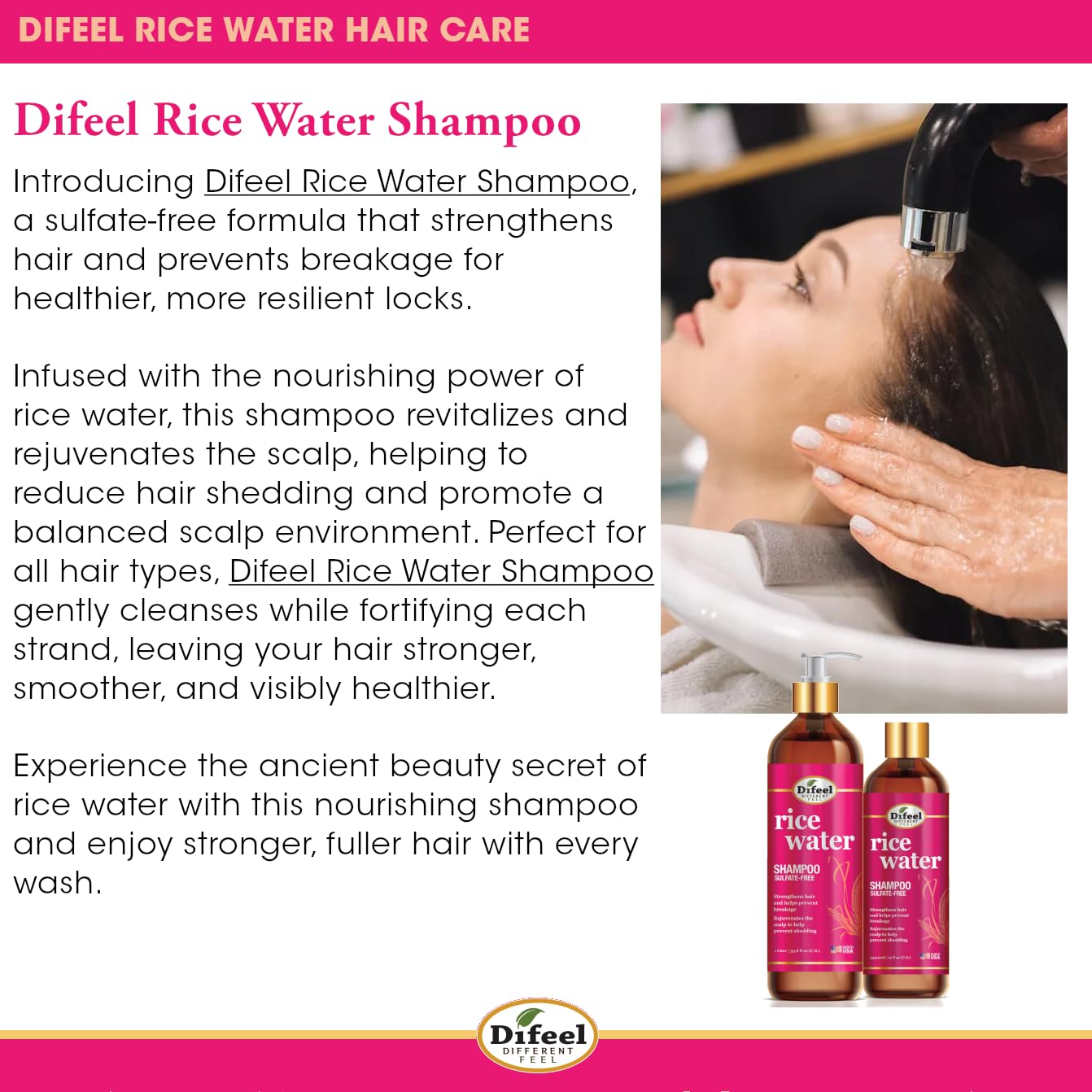 Difeel Rice Water Shampoo 33.8 oz | Strengthening Sulfate-Free Shampoo for All Hair Types