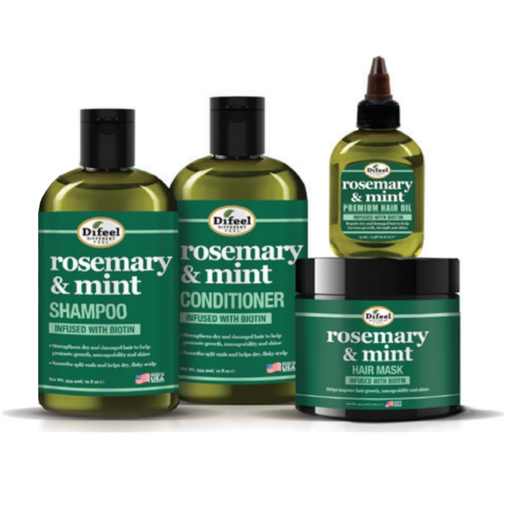 Difeel Rosemary Mint Biotin 4-Piece Box Set | Shampoo, Conditioner, Hair Mask & Hair Oil
