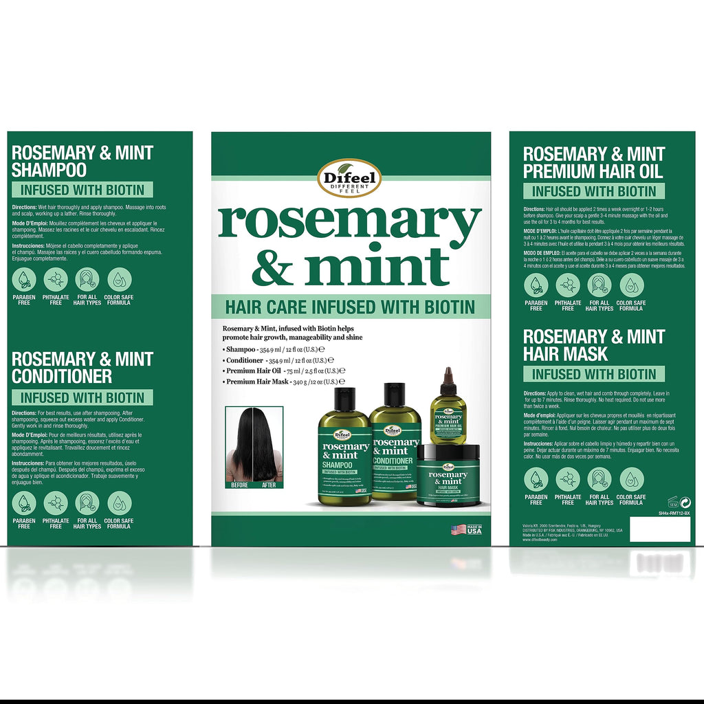 Difeel Rosemary Mint Biotin 4-Piece Box Set | Shampoo, Conditioner, Hair Mask & Hair Oil
