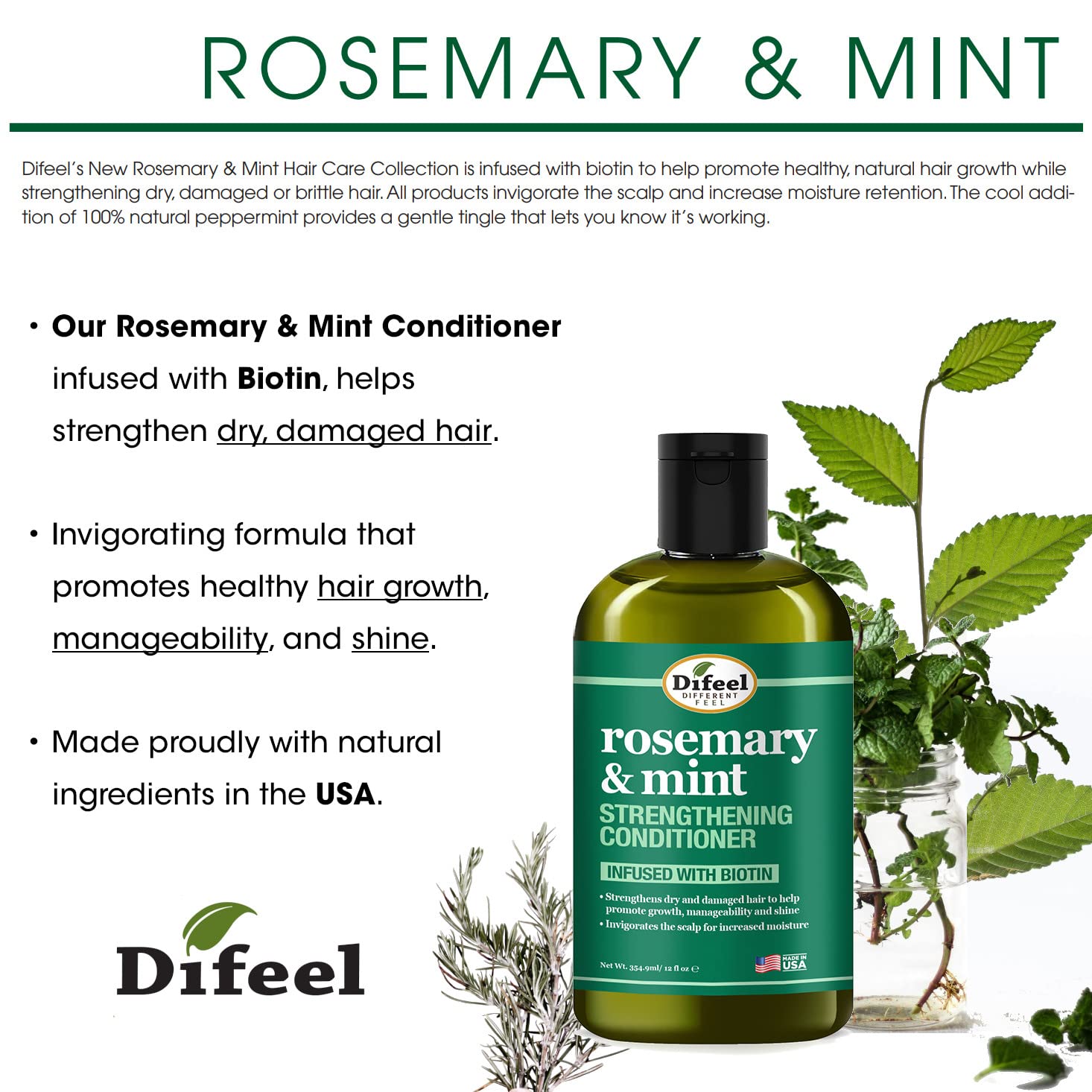 Difeel Rosemary Mint Biotin 4-Piece Box Set | Shampoo, Conditioner, Hair Mask & Hair Oil