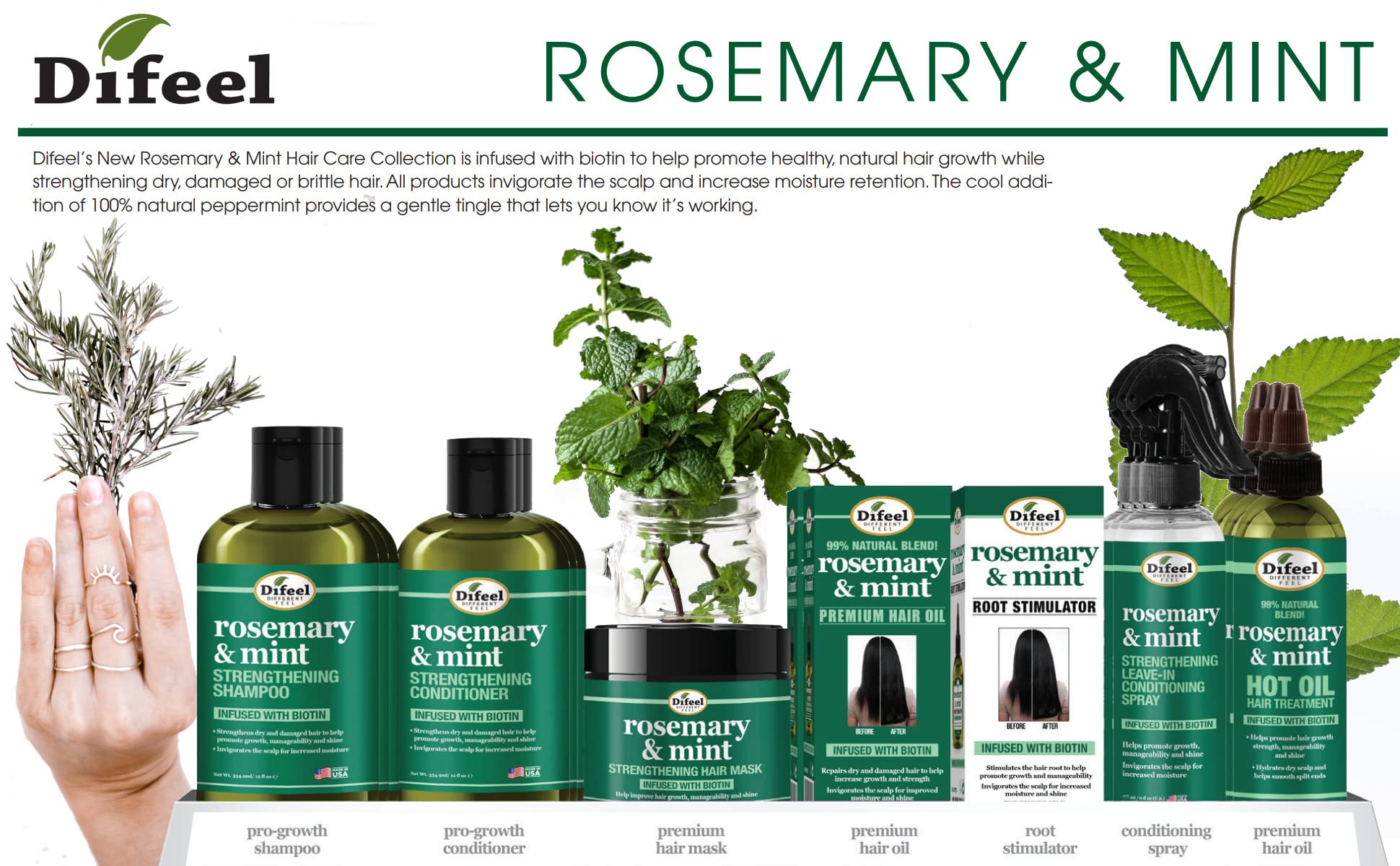 Difeel Rosemary & Mint Hair Strengthening Shampoo & Conditioner Gift Set – 12 oz Each, Sulfate Free