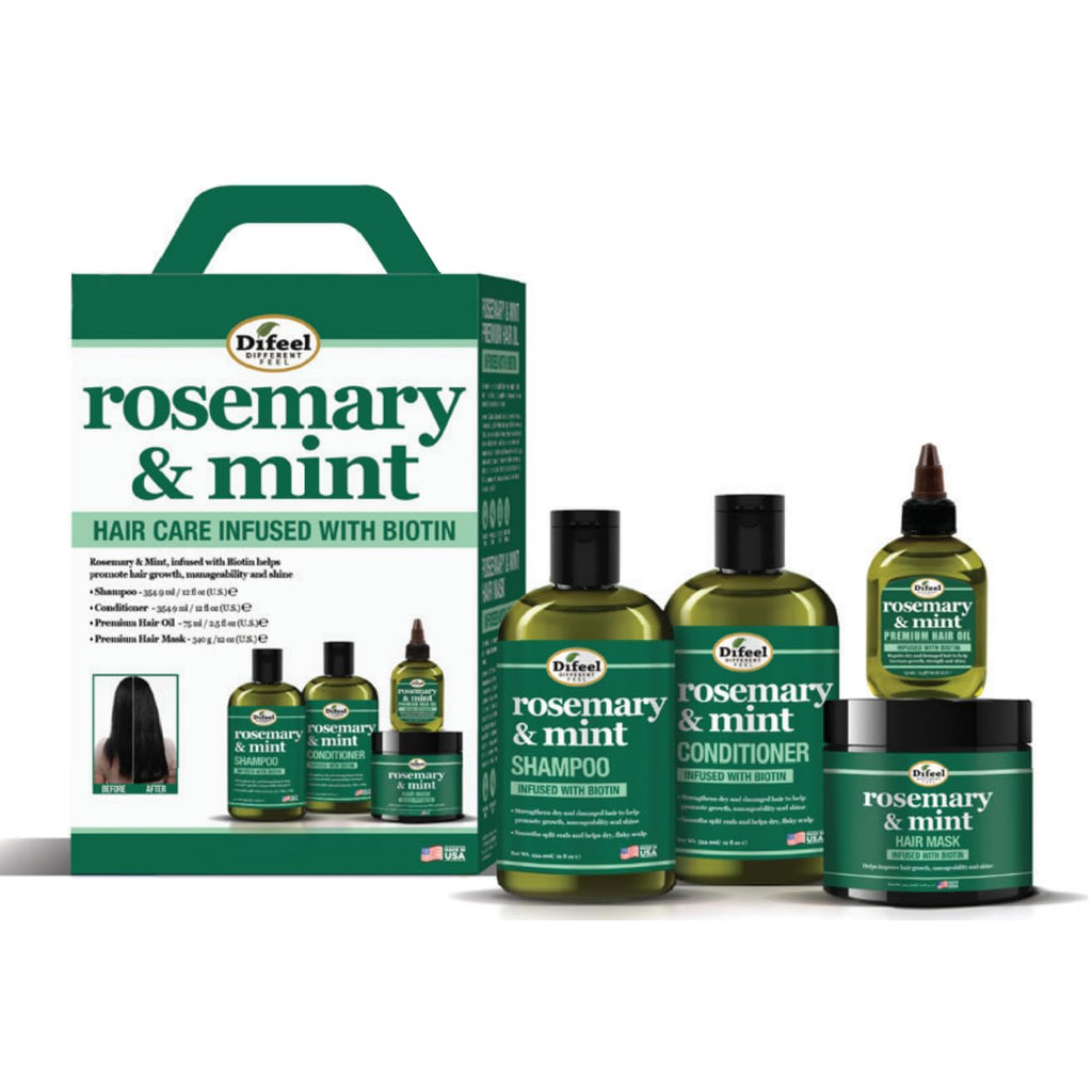 Difeel Rosemary Mint Biotin 4-Piece Box Set | Shampoo, Conditioner, Hair Mask & Hair Oil