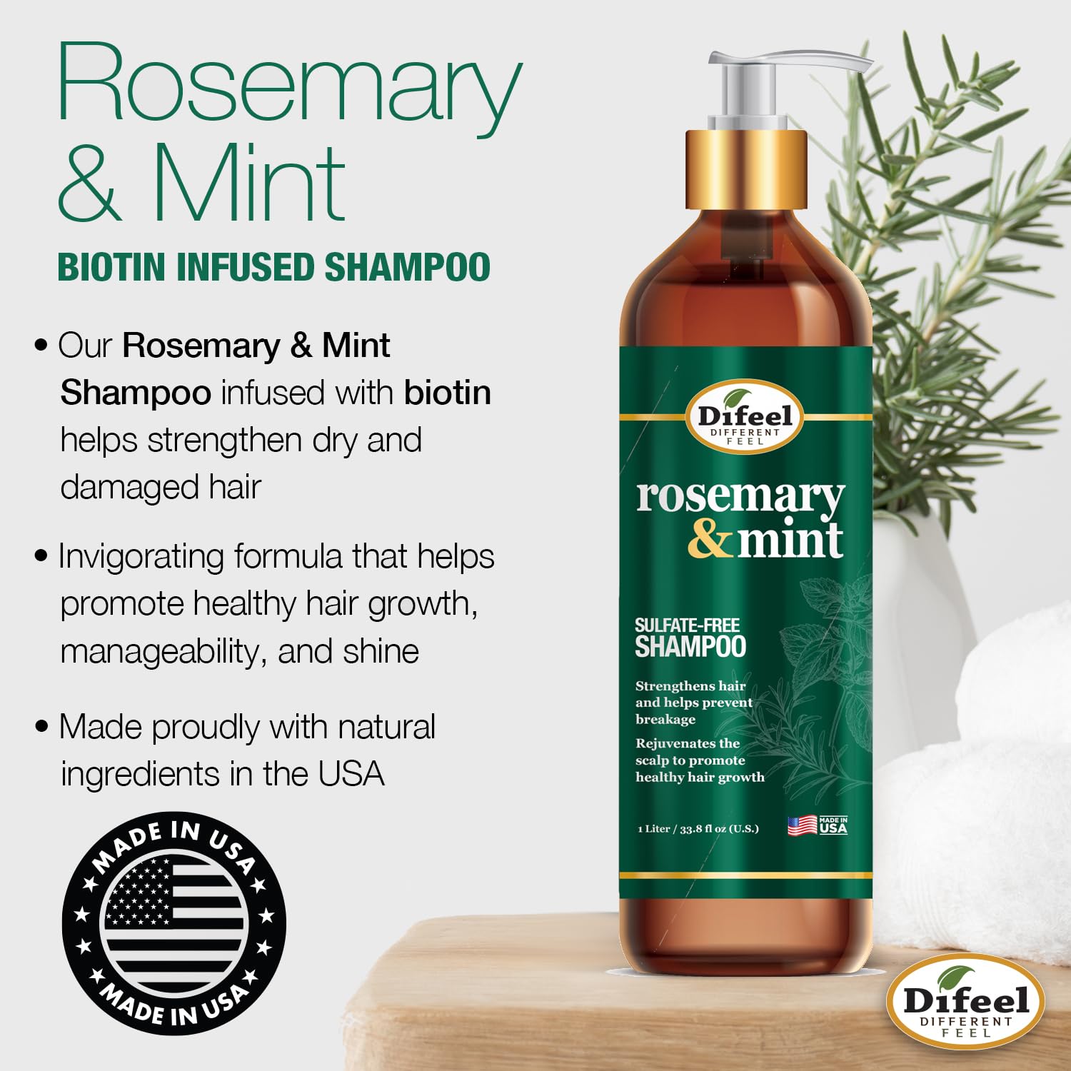 Difeel Rosemary Mint Strengthening Shampoo with Biotin – 33.8 oz, Made with Rosemary Oil for Hair Growth