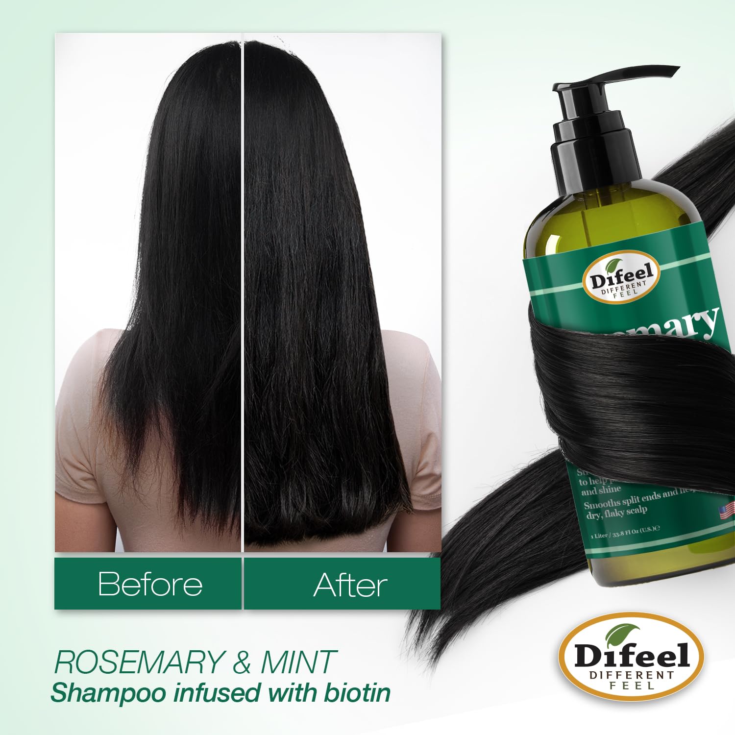 Difeel Rosemary Mint Strengthening Shampoo with Biotin – 33.8 oz, Made with Rosemary Oil for Hair Growth