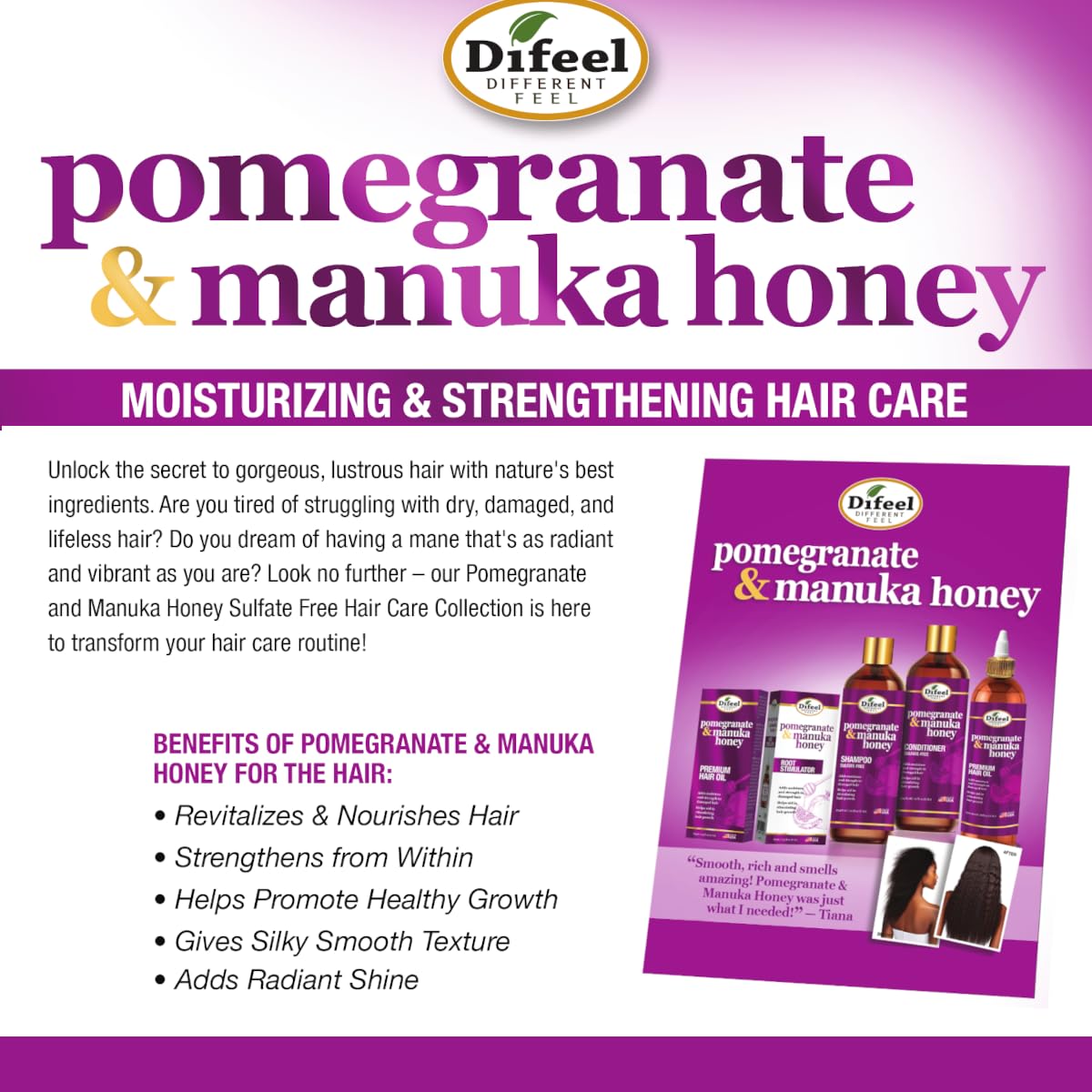 Difeel Pomegranate & Manuka Honey Shampoo 33.8 oz – Sulfate-Free, Strengthens & Moisturizes Damaged Hair