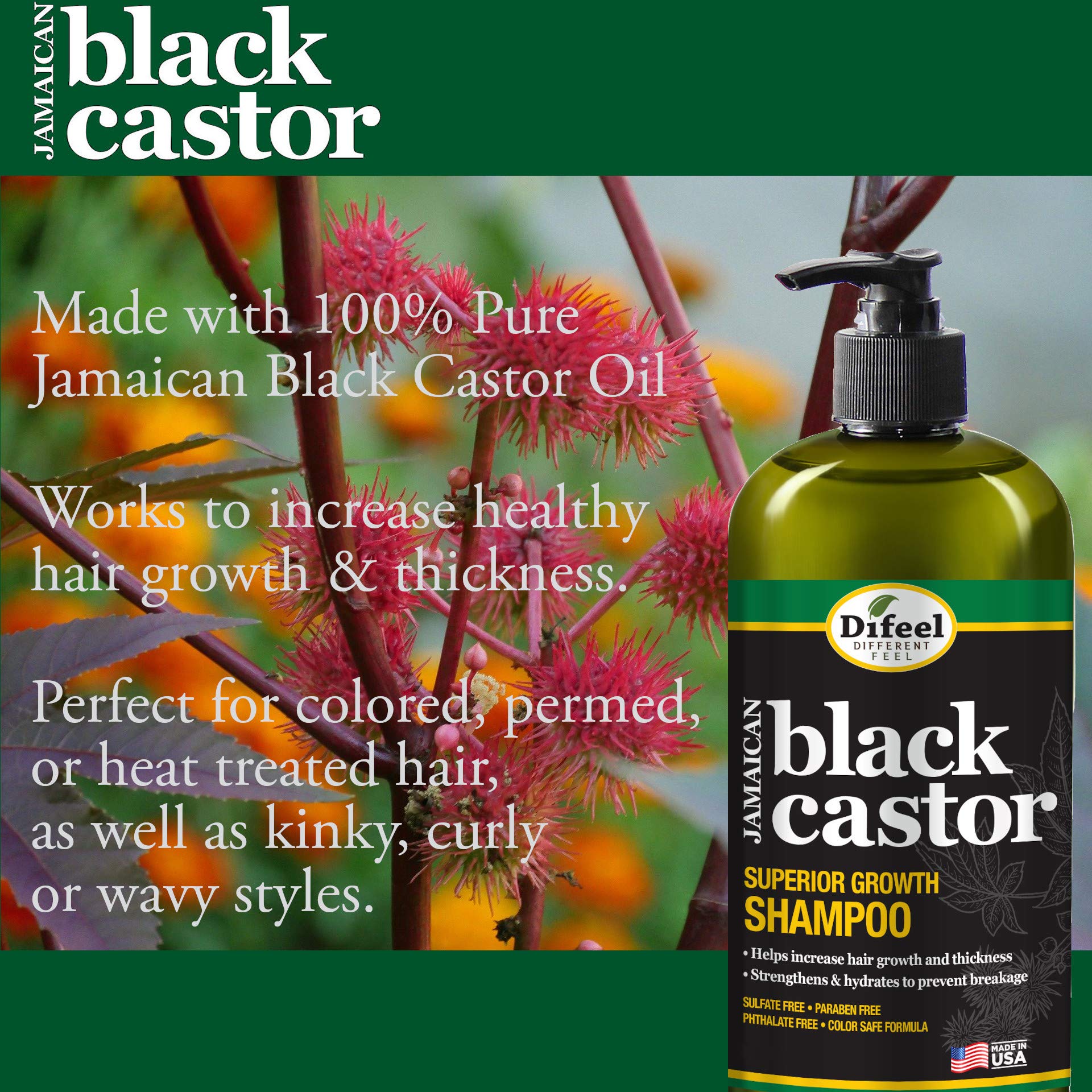Difeel Superior Growth 4-Piece Jamaican Black Castor Set — Shampoo, Mask, Root Stimulator & Oil (12 oz / 2.5 oz)