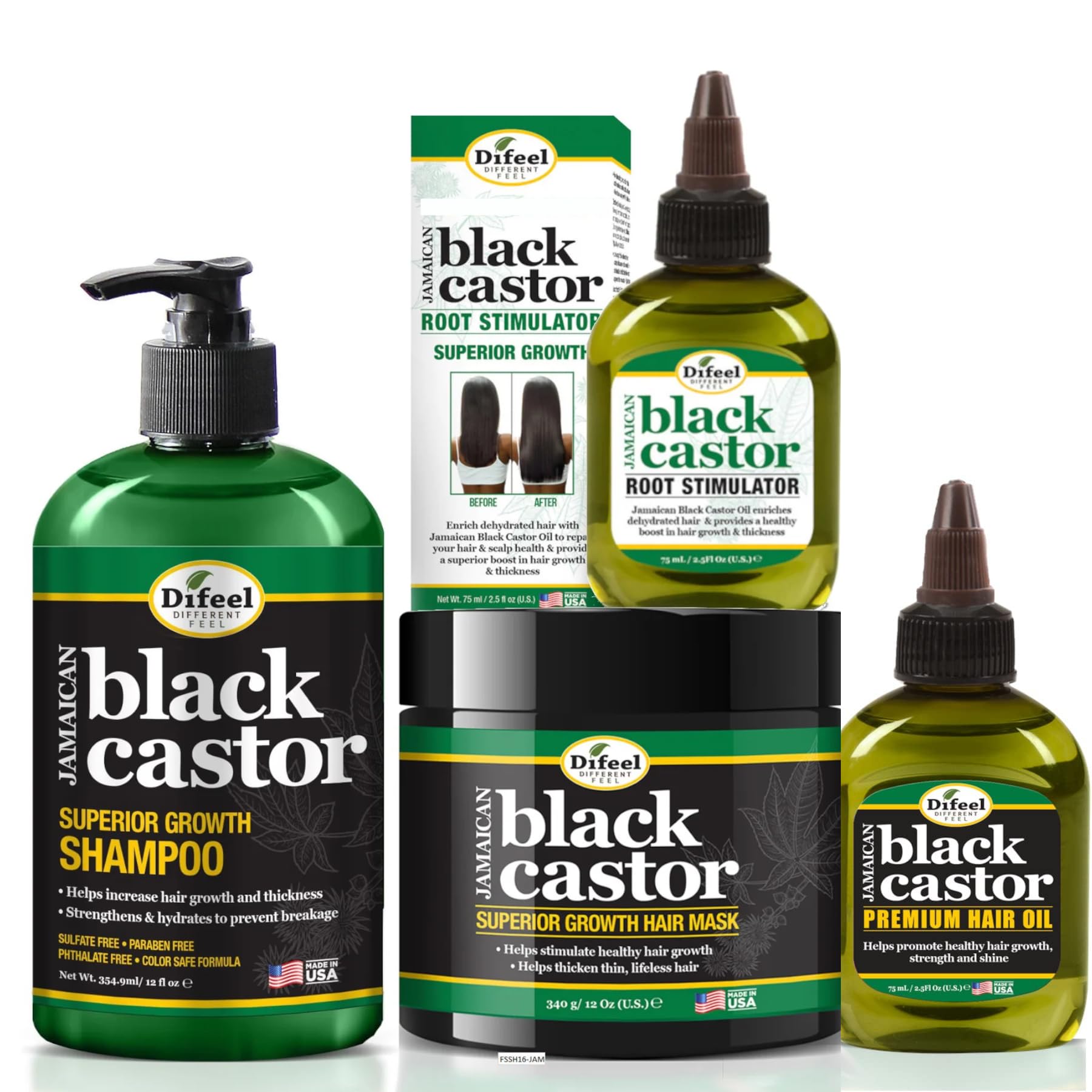 Difeel Superior Growth 4-Piece Jamaican Black Castor Set — Shampoo, Mask, Root Stimulator & Oil (12 oz / 2.5 oz)
