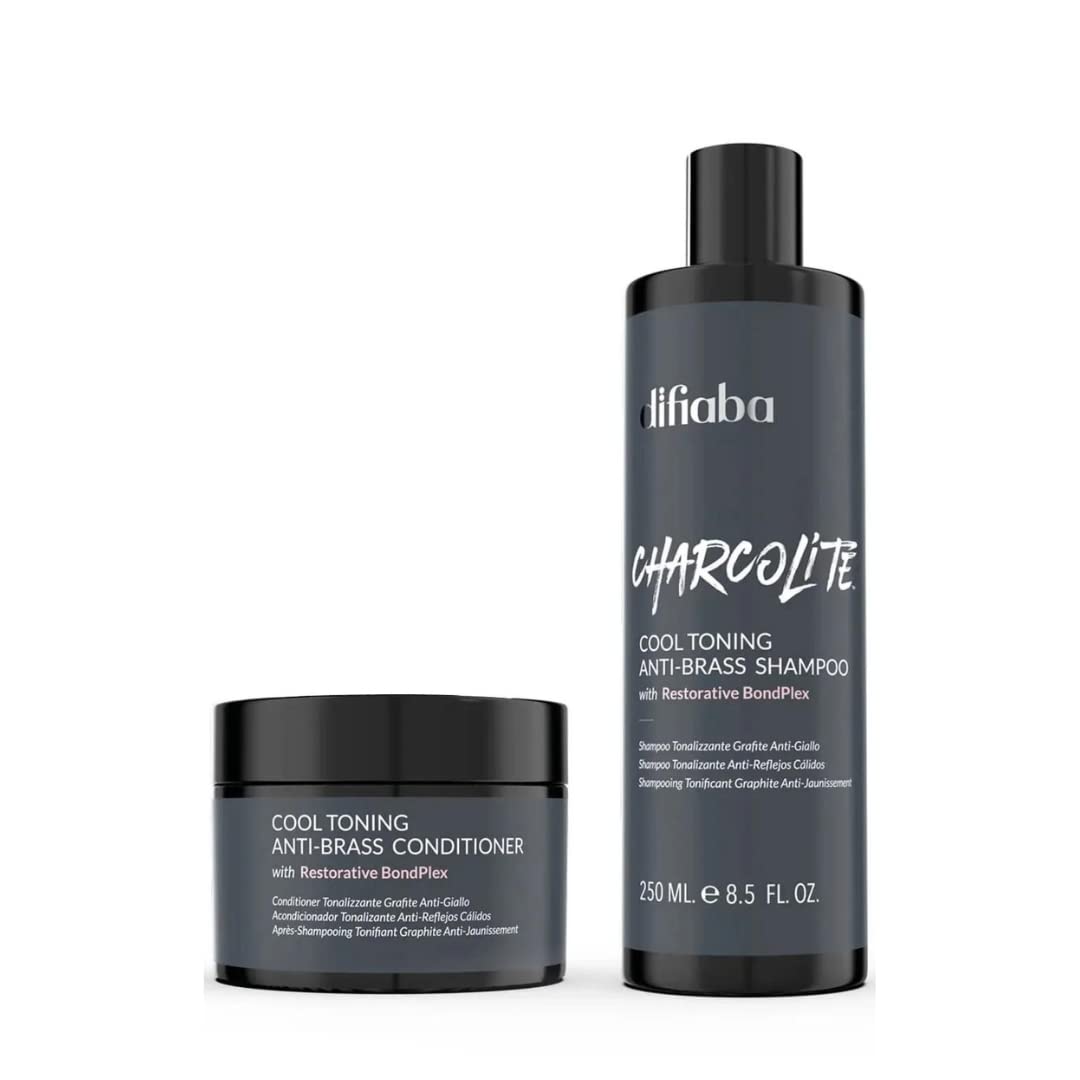 Difiaba Charcolite Cool Toning Duo — Activated Charcoal & BondPlex | Neutralizes Brass, Strengthens Hair (2 x 8.5 oz)