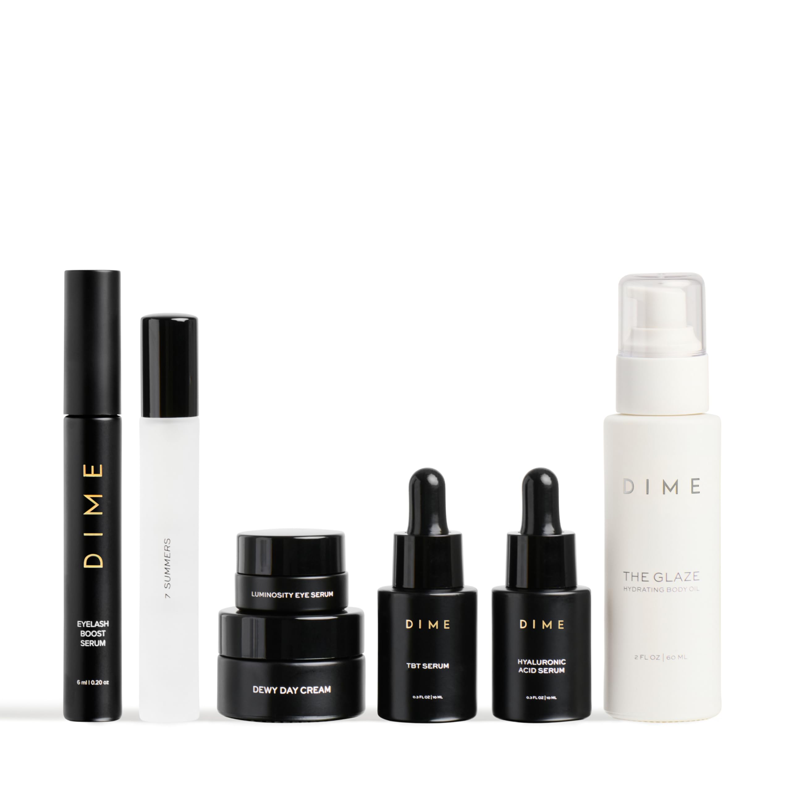 DIME Beauty Icons Collection Travel Size Skincare Discovery Set – 7 Summers Perfume, Eyelash Boost Serum, Luminosity Eye, Glaze Body Oil