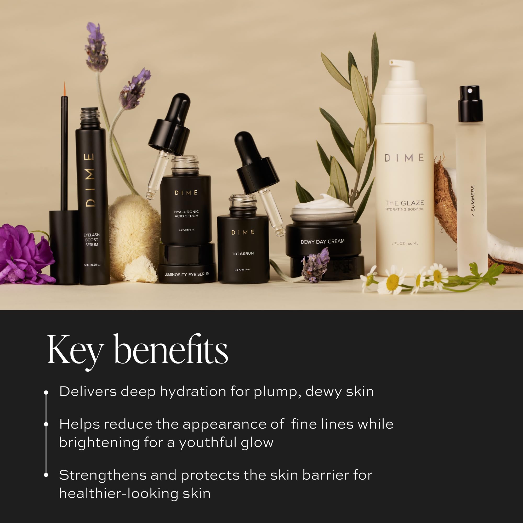 DIME Beauty Icons Collection Travel Size Skincare Discovery Set – 7 Summers Perfume, Eyelash Boost Serum, Luminosity Eye, Glaze Body Oil