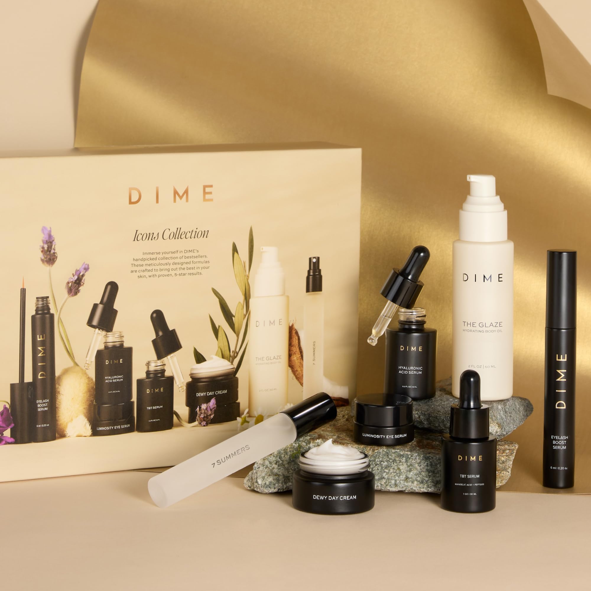 DIME Beauty Icons Collection Travel Size Skincare Discovery Set – 7 Summers Perfume, Eyelash Boost Serum, Luminosity Eye, Glaze Body Oil