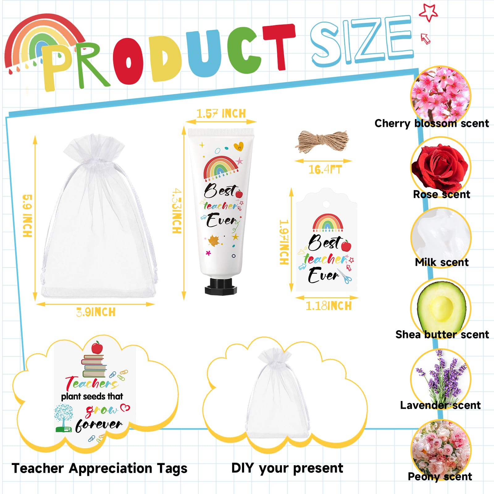 Dimsile 36-Set Teacher Appreciation Hand Cream Gift Set – Travel Size with Cards & Organza Bags