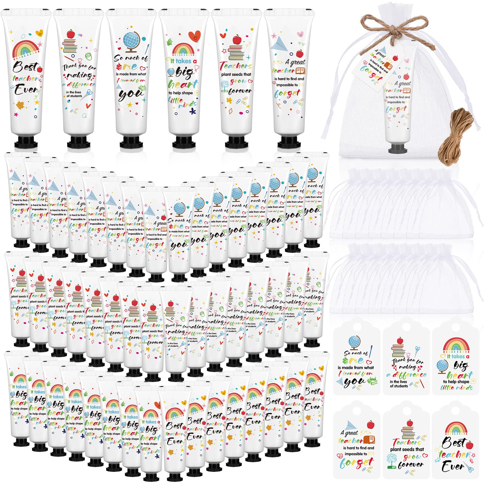 Dimsile 48-Set Teacher Appreciation Hand Cream Gift Set – Travel-Size Moisturizing Lotion with Cards & Organza Bags