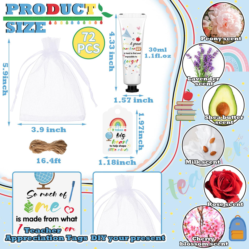Dimsile 72-Piece Teacher Appreciation Hand Cream Set – Moisturizing Hand Lotion with Cards & Organza Bags