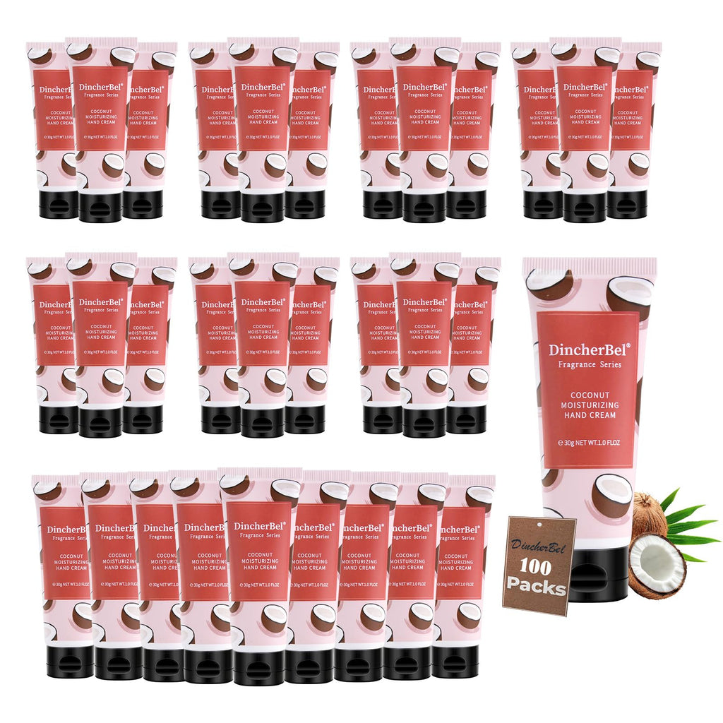 DincherBel 100 Pack Coconut Hand Cream Bulk – Travel-Size, Non-Greasy Hydration 1 oz