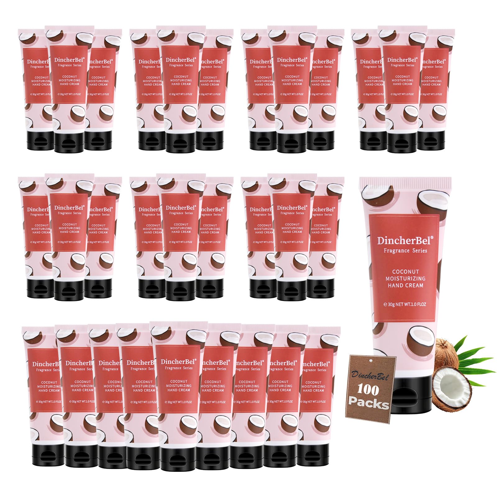 DincherBel 100 Pack Coconut Hand Cream Bulk – Travel-Size, Non-Greasy Hydration 1 oz