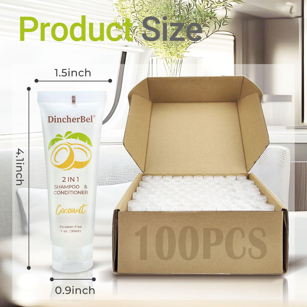 DincherBel Travel Size 2-in-1 Shampoo & Conditioner, 1 oz, 100 Pack