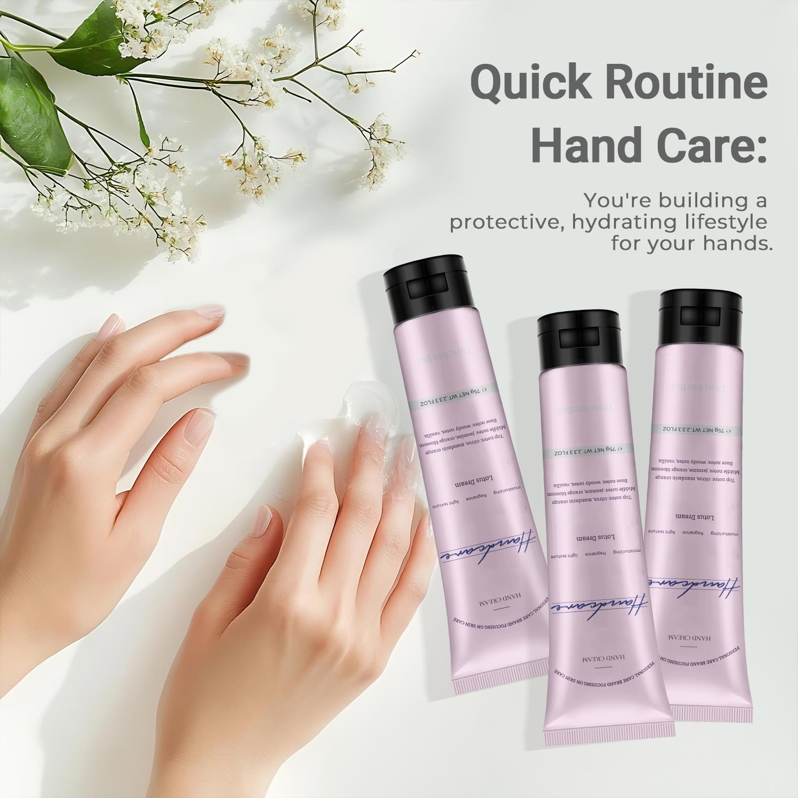 DincherBel Lotus Dream Hand Cream Gift Set – 3×75ml Travel-Size Tubes for Dry Hands